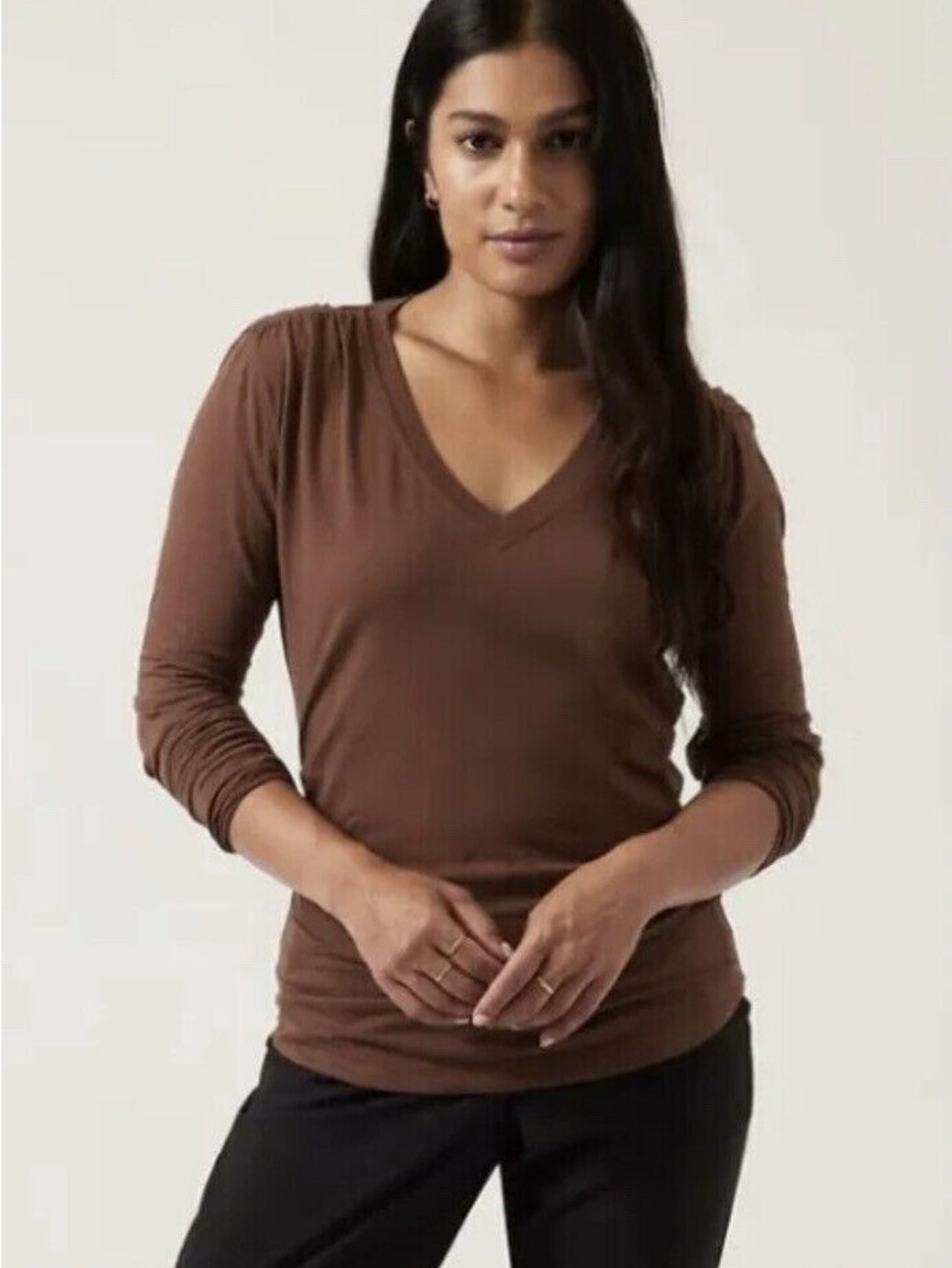 Athleta Outbount Brown top V-Neck Long Sleeve Shirred Sz XL